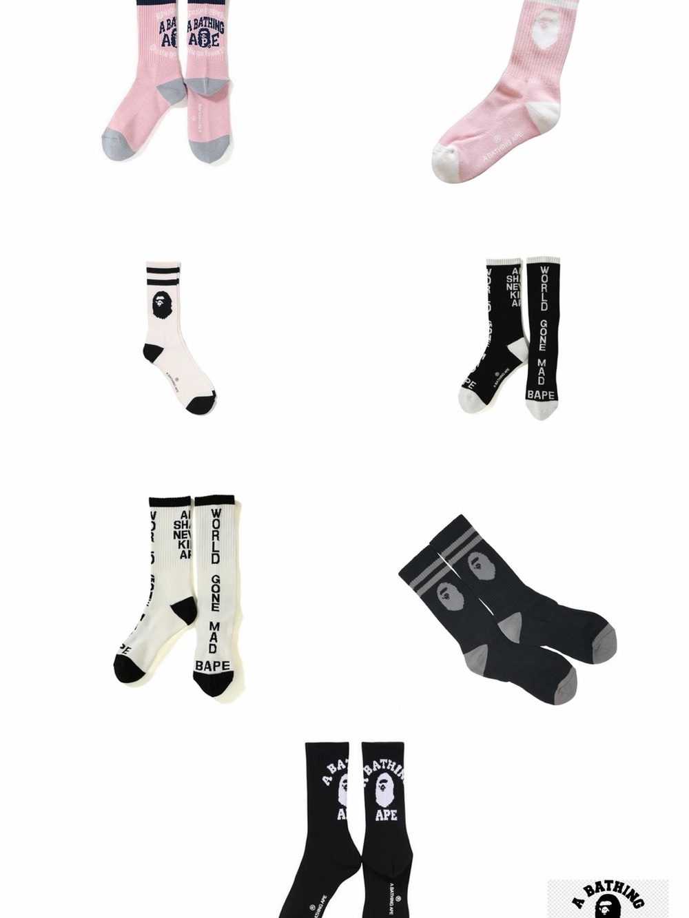 Bape Assorted Crew Socks Pack in Pink, Black, and White